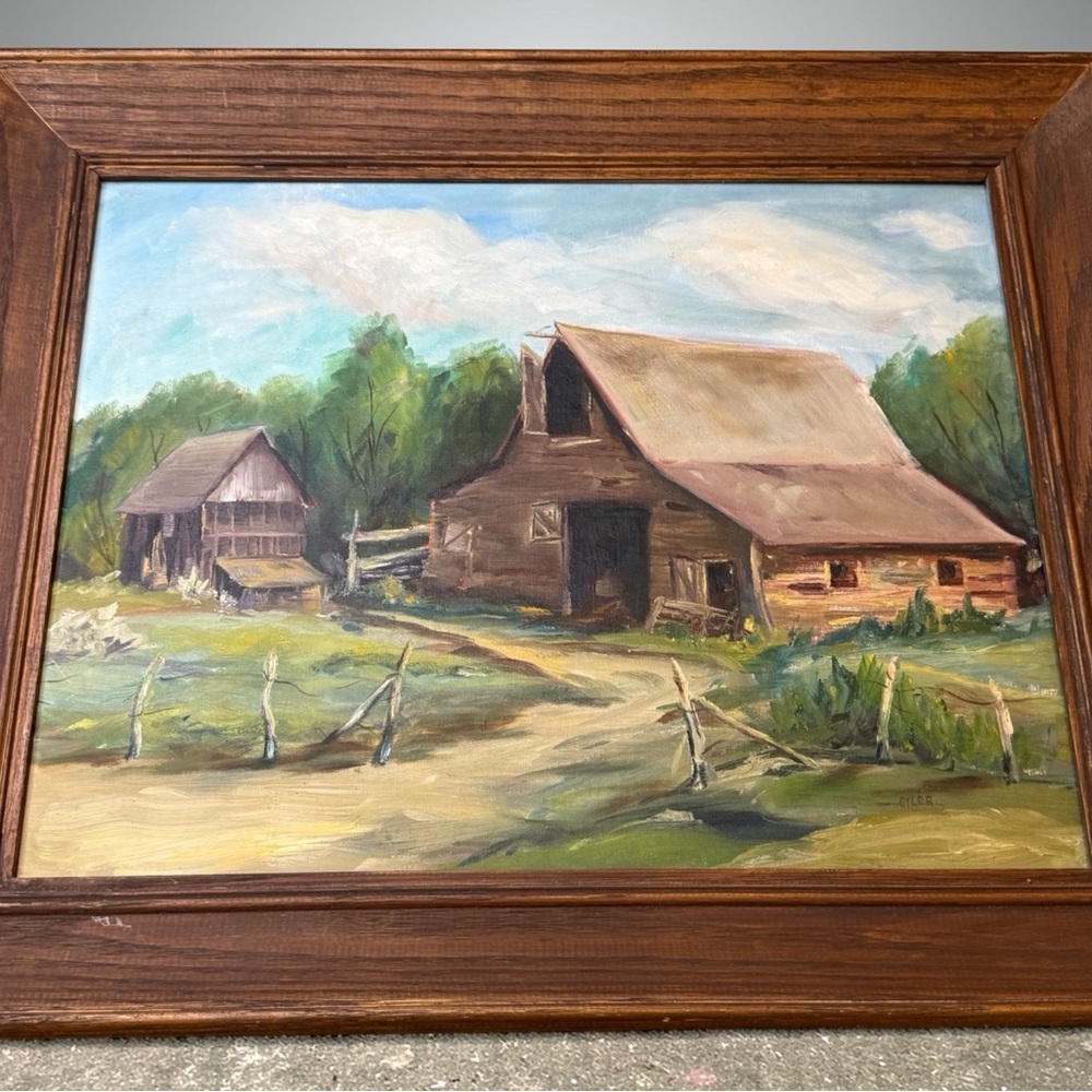 Vintage rustic barn and cabin framed original oil paintings. 24” X 20” - Picture 3 of 4